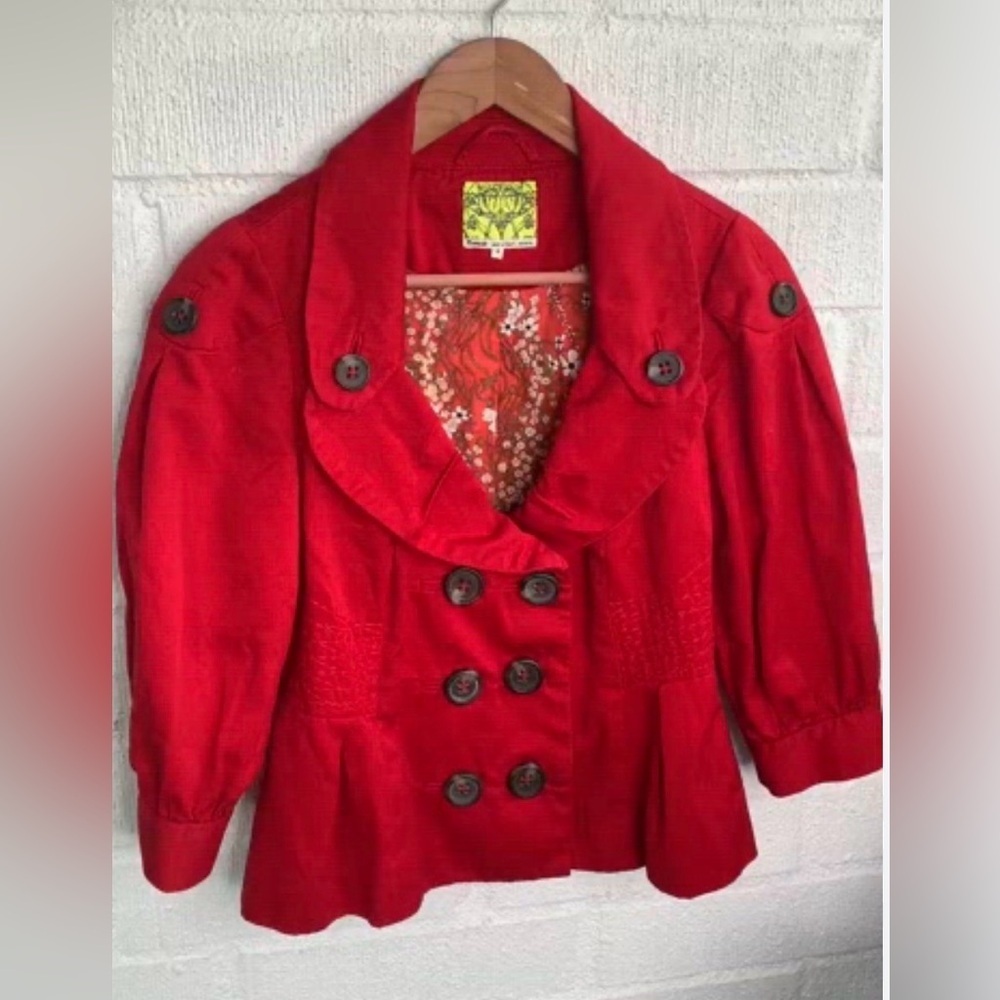 Anthropologie Floreat Red Peplum Jacket Blazer Floral Lined Size 6 - Picture 1 of 5